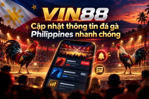 VIN88 cập nhật thông tin đá gà Philippines nhanh chóng, với điện thoại hiển thị tin mới và sân đấu phía sau