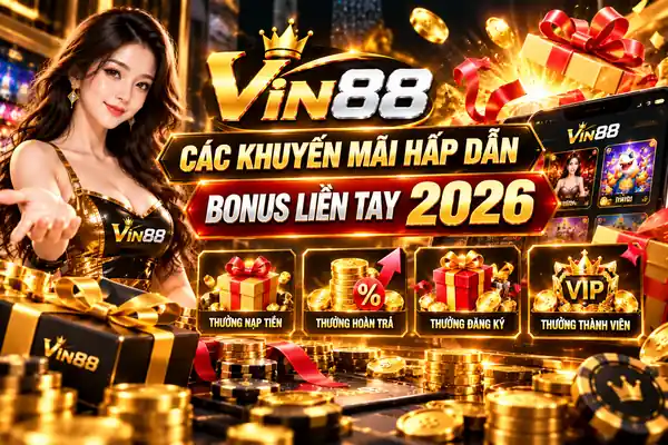 Các Khuyến Mãi Hấp Dẫn Bonus Liền Tay 2026 Các khuyến mãi hấp dẫn bonus Vin88 2026 với hình ảnh quà tặng và ưu đãi thành viên.