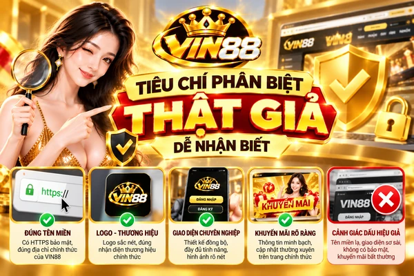 Tiêu chí phân biệt thật giả dễ nhận biết Tiêu chí phân biệt Vin88 thật giả qua tên miền, logo và giao diện