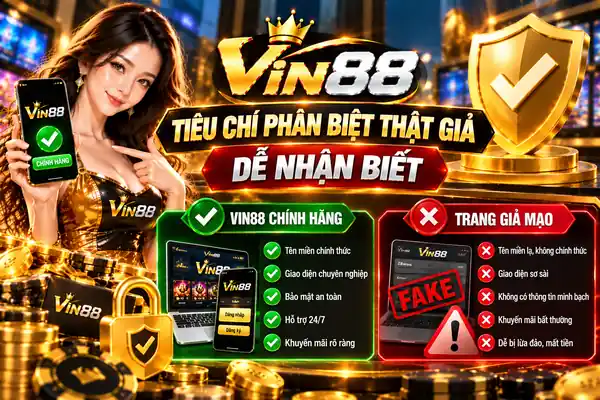 Tiêu Chí Phân Biệt Vin88 Thật Giả Dễ Nhận Biết Tiêu chí phân biệt Vin88 thật giả qua tên miền, giao diện website và dấu hiệu bảo mật.