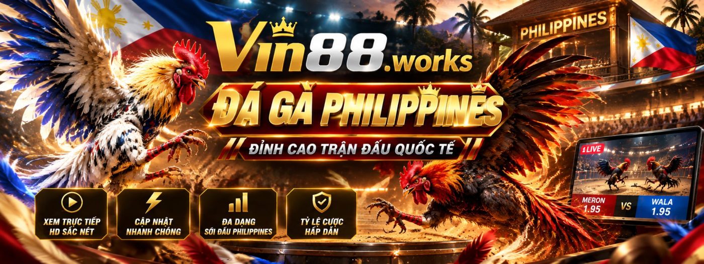 Banner đá gà Philippines Vin88.works với hai chiến kê trong đấu trường.